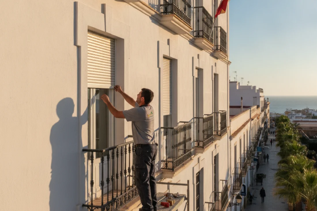 Técnico de PERSELPUERTO instalando persianas en El Puerto de Santa María